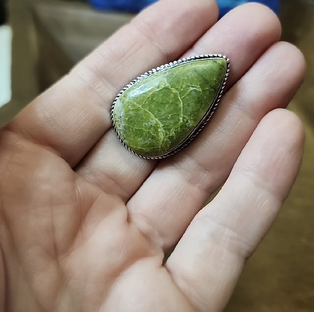 Green Teardrop Stone Statement Ring - Silver Accent